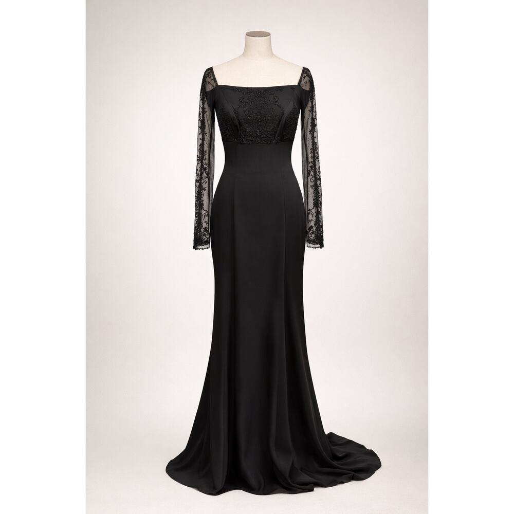 Reem Acra Black Beaded Off Shoulder Gown Sheer Sleeves  Size 10